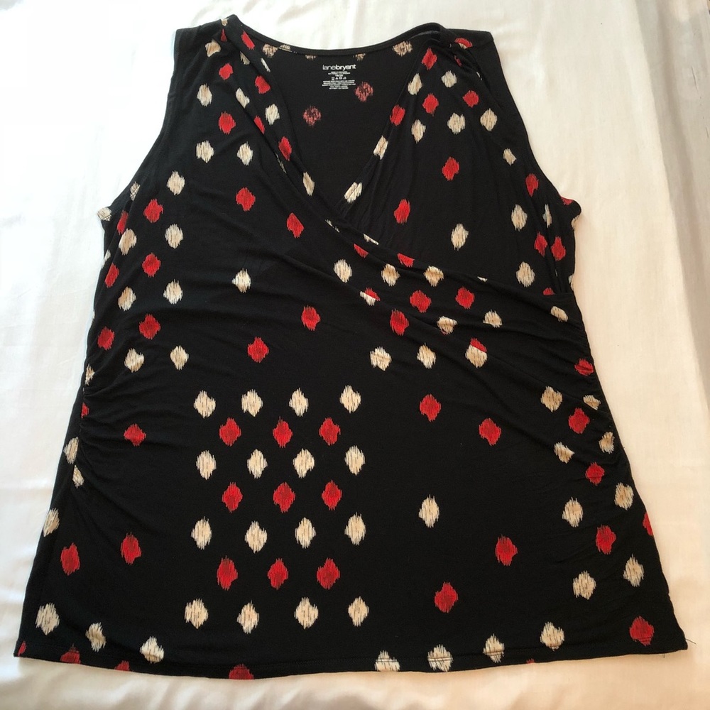 Black Sleeveless Top with Red and Cream Pattern